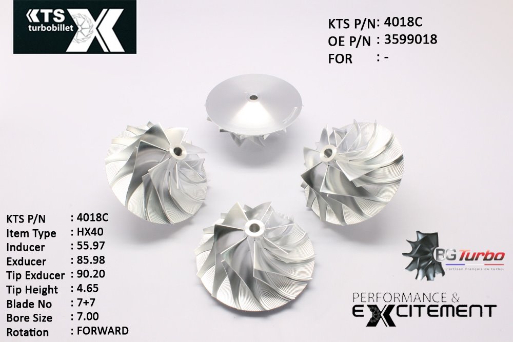 Turbo ROUE FORGÉE MFS PERFORMANCE - 7+7 PALES - INDUCER : 55,97 - EXDUCER : 85,98 - TYPE : HX40ANGLE : 70° - ROTATION : Forward - SUPER BACK : 4,96 - BORE SIZE : 7
